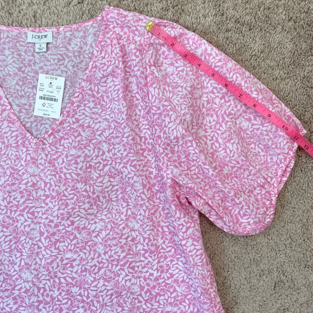 J. Crew Cotton V-Neck Puff-Sleeve Floral Womens Pink/White Blouse Size Large NEW